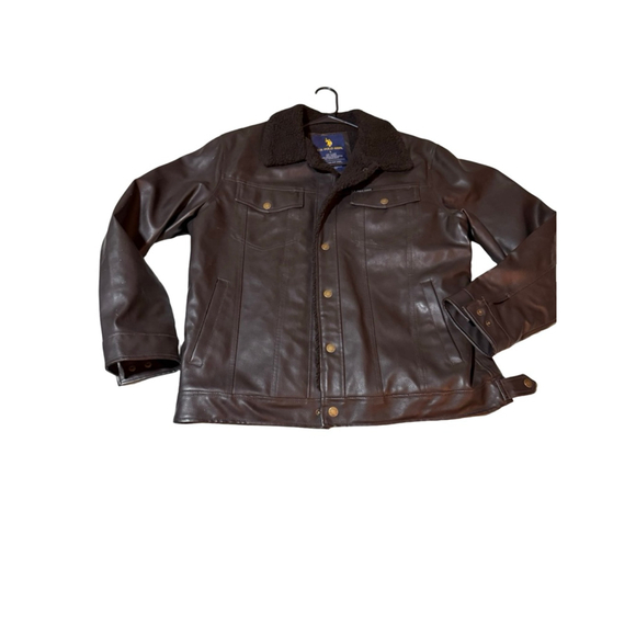 U.S. Polo Assn. Dark Brown Faux Leather / Fur Coat Aviator Bomber Jacket - Large - Picture 3 of 6